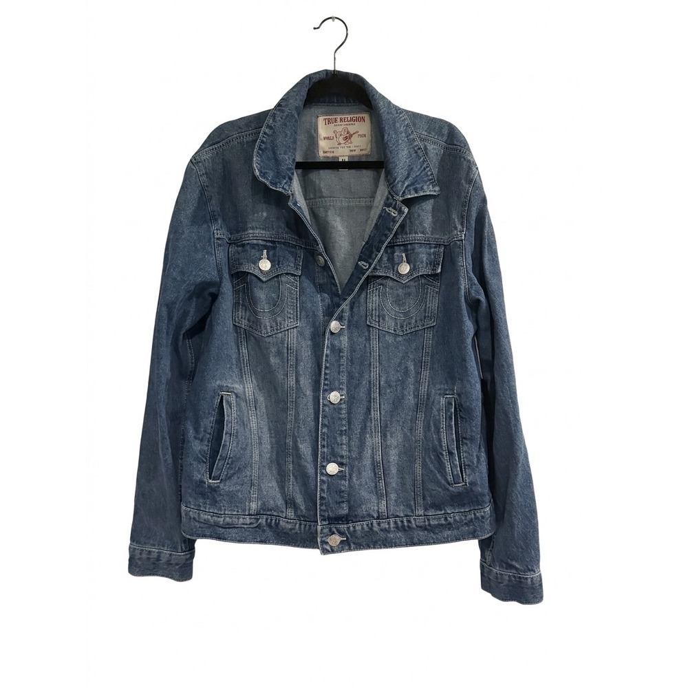 True Religion Mens World Tour Denim Trucker Jacket Blue Medium Wash XL XL/XL